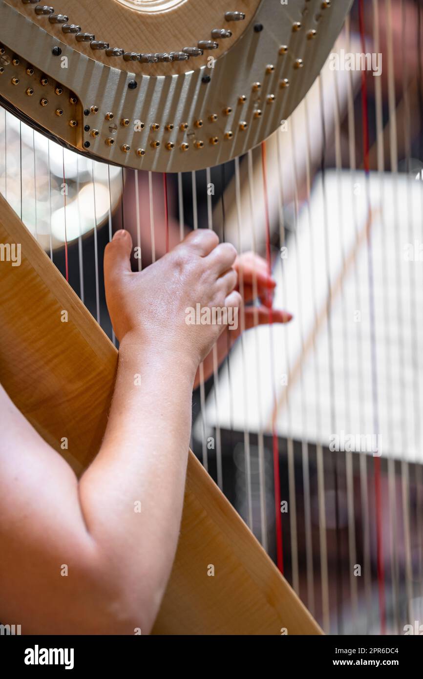 harp on symphony orchestra stage, detail of hands with strings Stock Photo