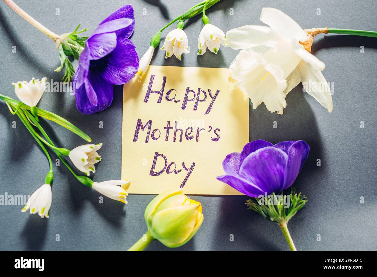 Happy Mother's day text note with spring flowers. Greeting card on ...