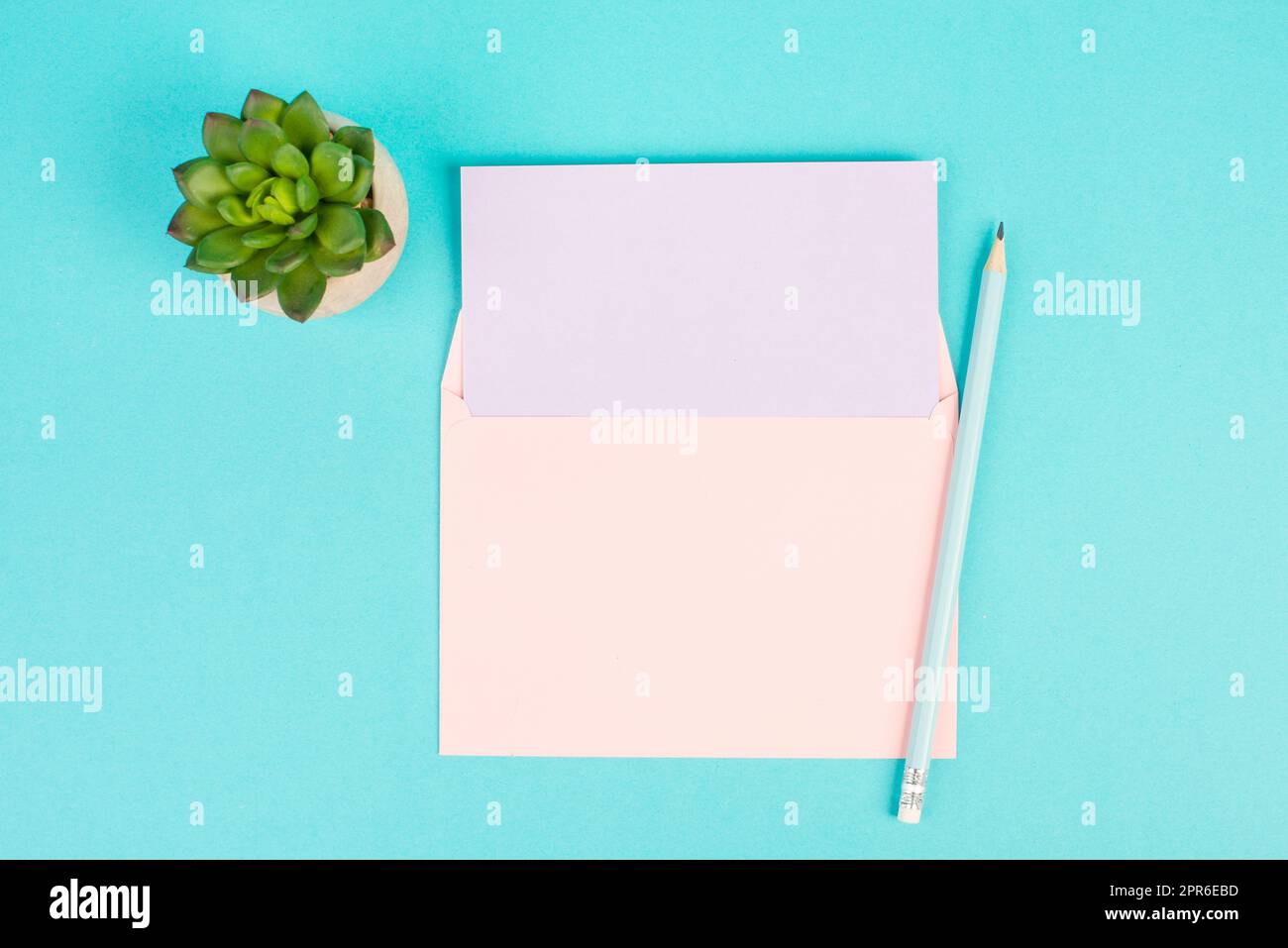 Empty paper with a pen and a cactus textured background, brainstorming for new ideas, writing a message, taking a break, home office desk Stock Photo