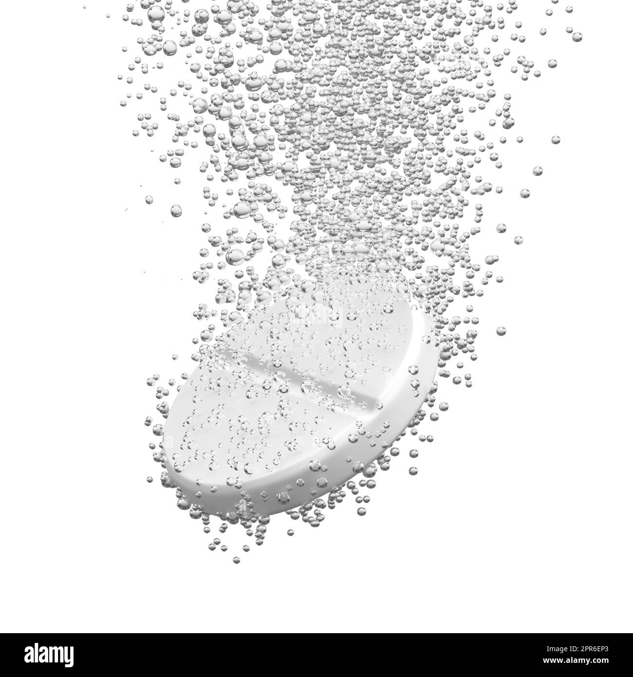 Effervescent medicine. Fizzy tablet dissolving. White round pill