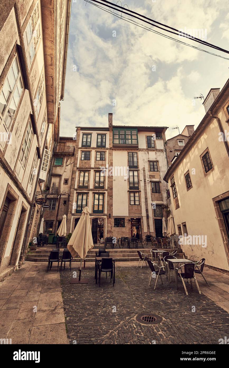 Small square and a cafe in the historical centre of Santiago de ...