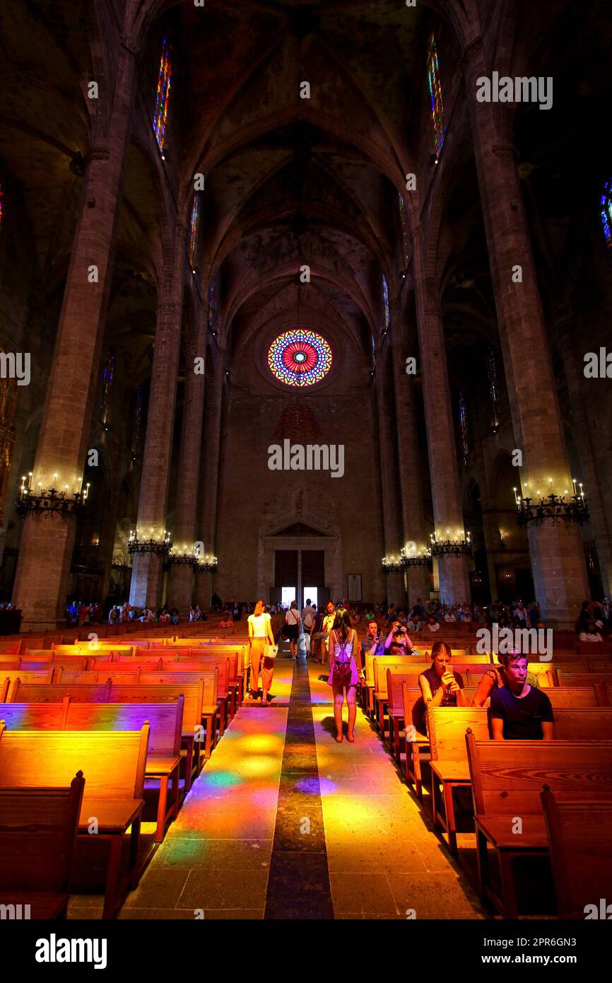 Palma, Mallorca - August 5, 2019 : Colorful lights projected on the floor of La Seu, the medieval gothic cathedral of Santa Maria of Palma de Mallorca Stock Photo
