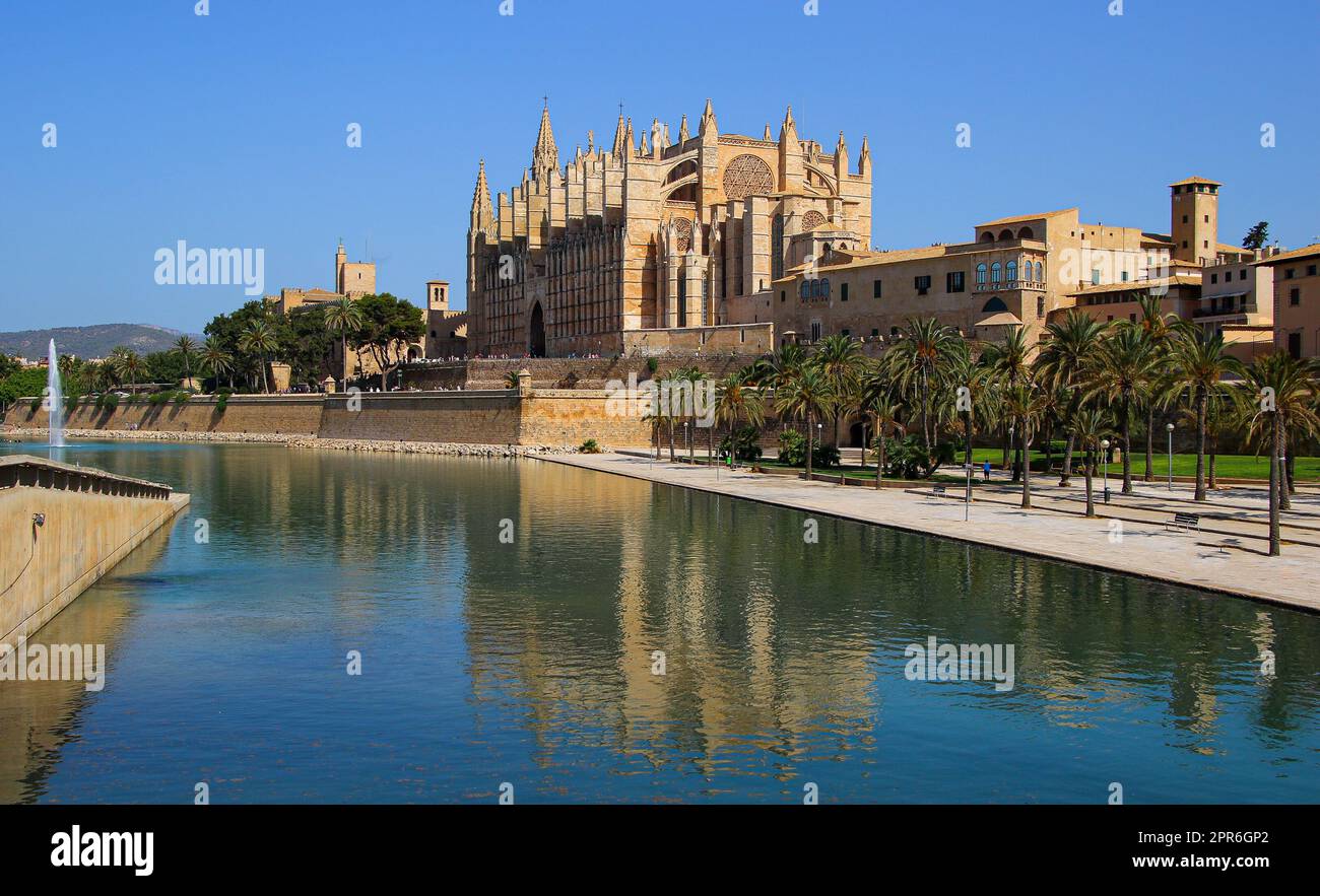 La Seu, the Cathedral of Santa Maria of Palma de Mallorca in the Balearic Islands (Spain) is a medieval gothic cathedral built next to the Mediterrane Stock Photo