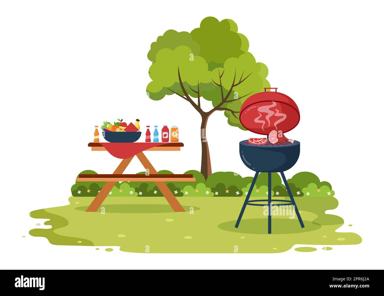 BBQ or Barbecue with Steaks on Grill, Toaster, Plates, Sausage, Chicken and  Vegetables in Flat Background Cartoon Illustration Stock Photo - Alamy