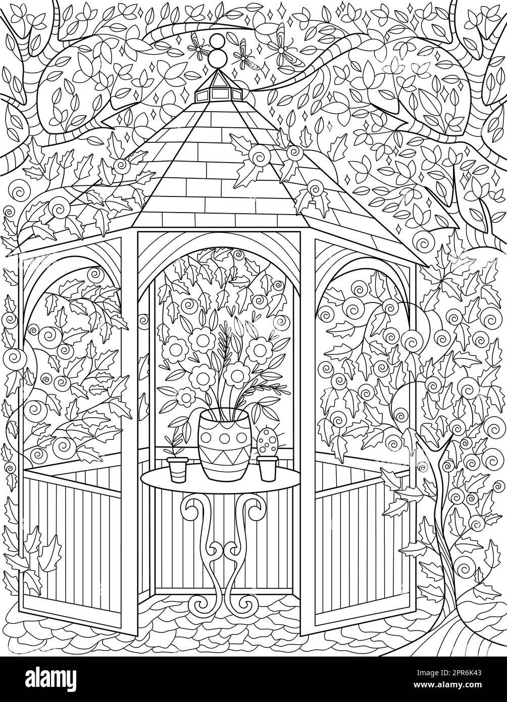 Garden Gazebo With Plant Pot Placed On Round Table Tall Tree Line Drawing Stock Photo Alamy