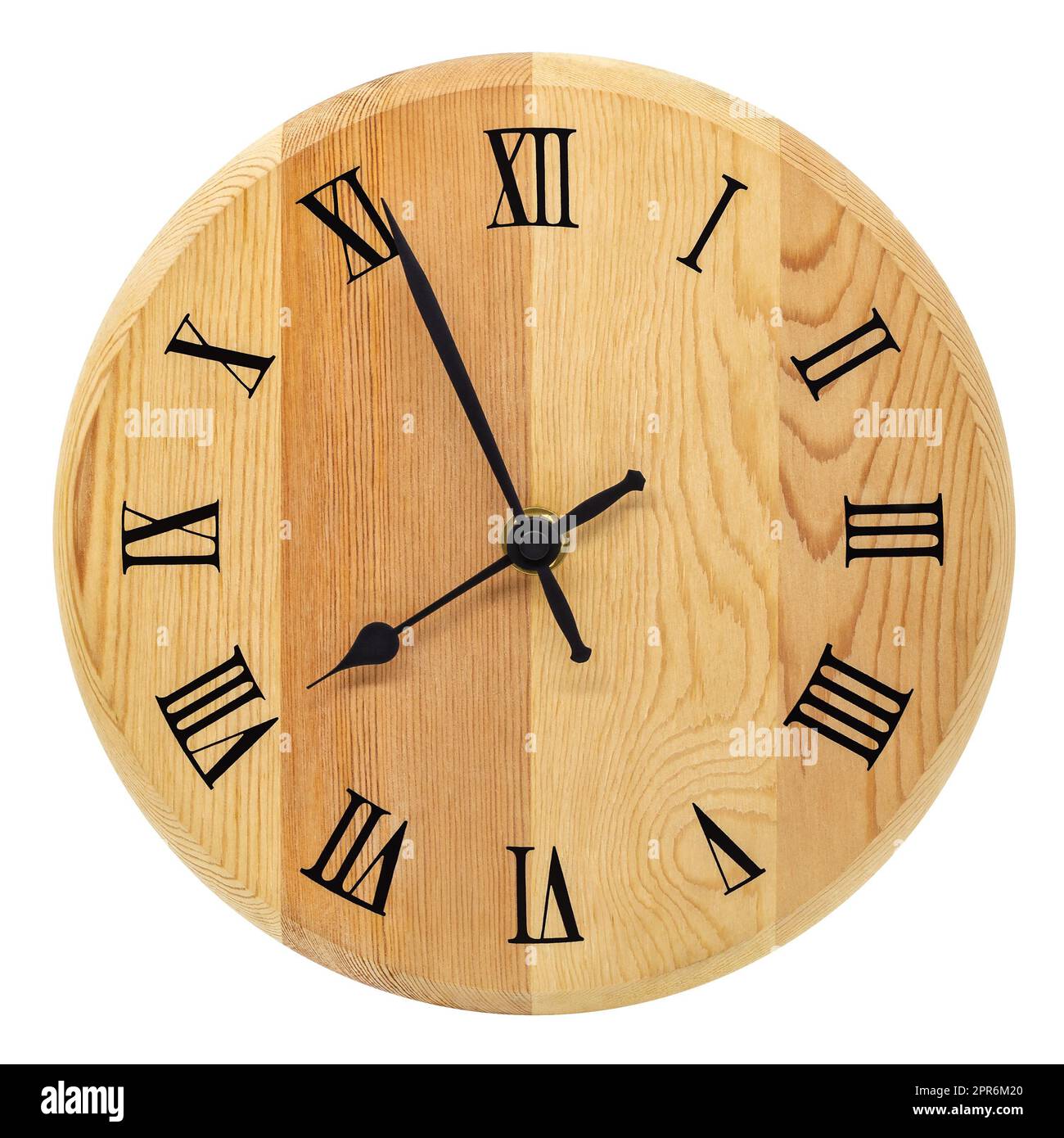 Analog round wooden clock with roman numerals on white background stock