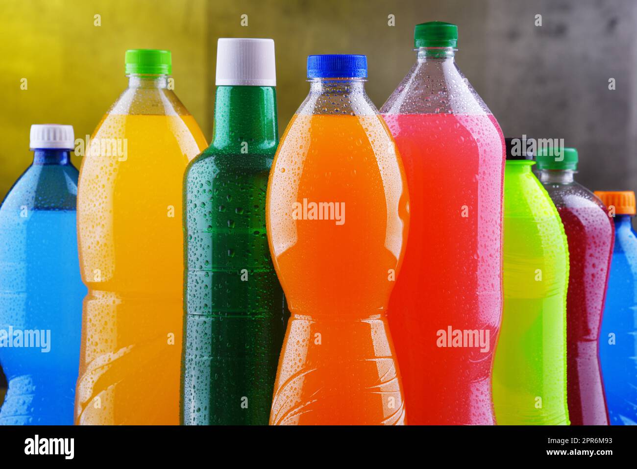 Plastic bottles of assorted carbonated soft drinks Stock Photo