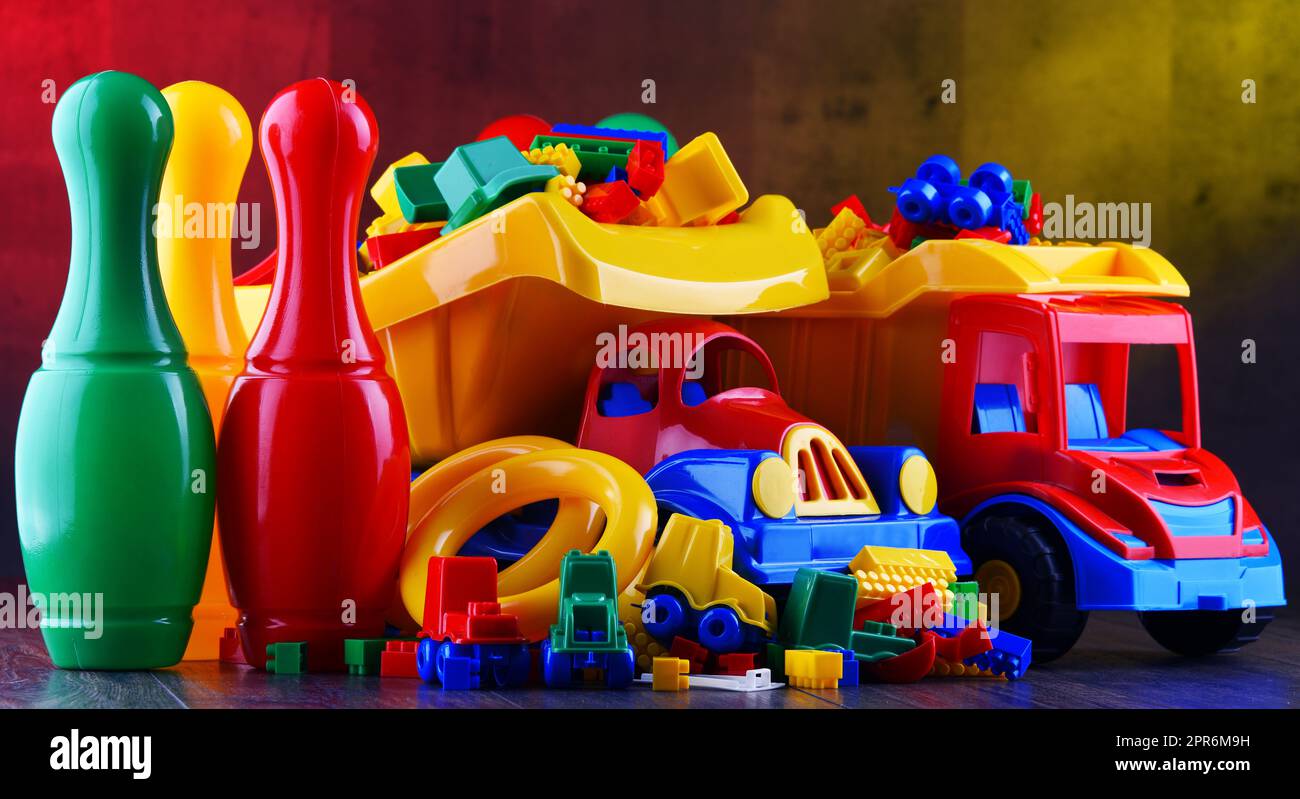 Composition with colorful plastic children toys Stock Photo