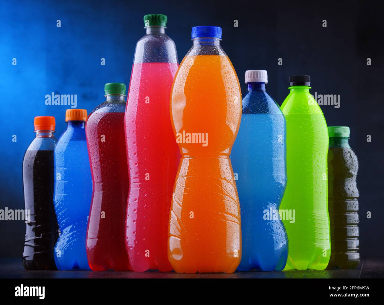 Plastic bottles of assorted carbonated soft drinks Stock Photo