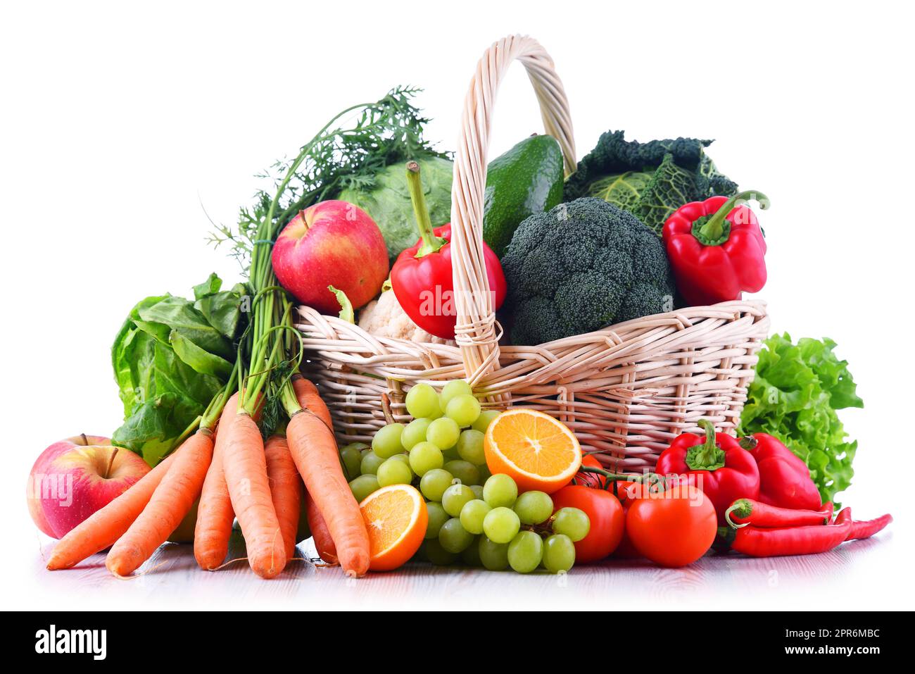 Fresh organic fruits and vegetables in wicker basket Stock Photo - Alamy