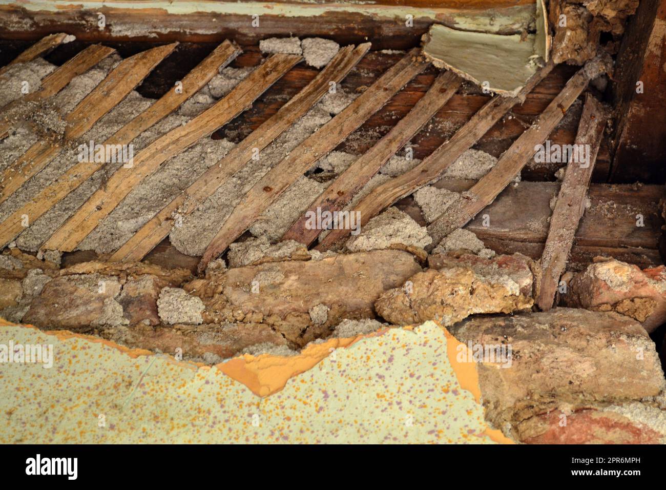 Very old wall texture made of wood, mud and straw Stock Photo