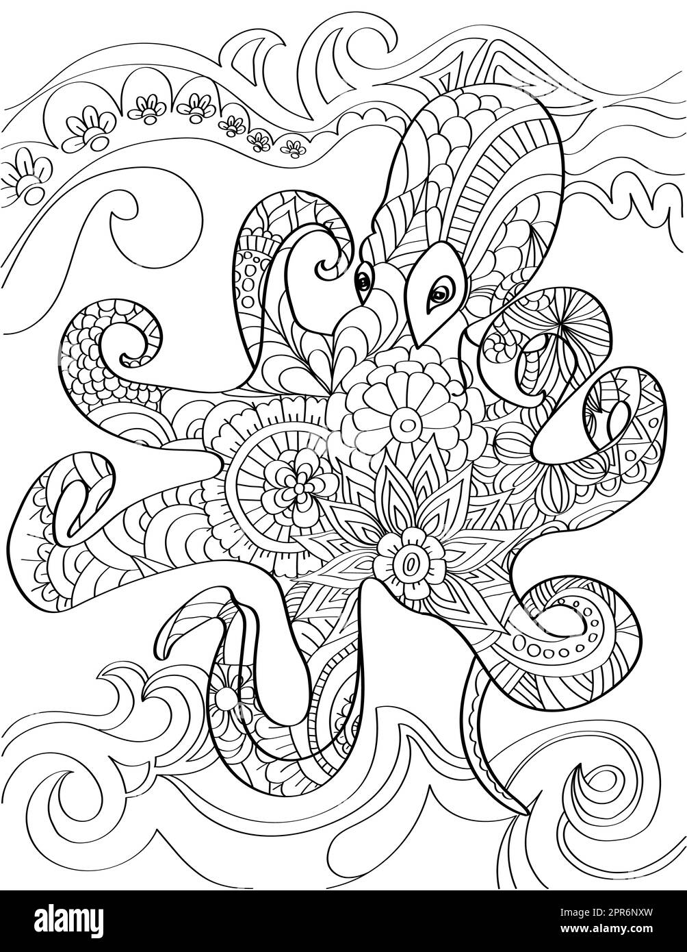 Large Smart Octopus Swimming In Ocean With High Waves Background. Stock Photo