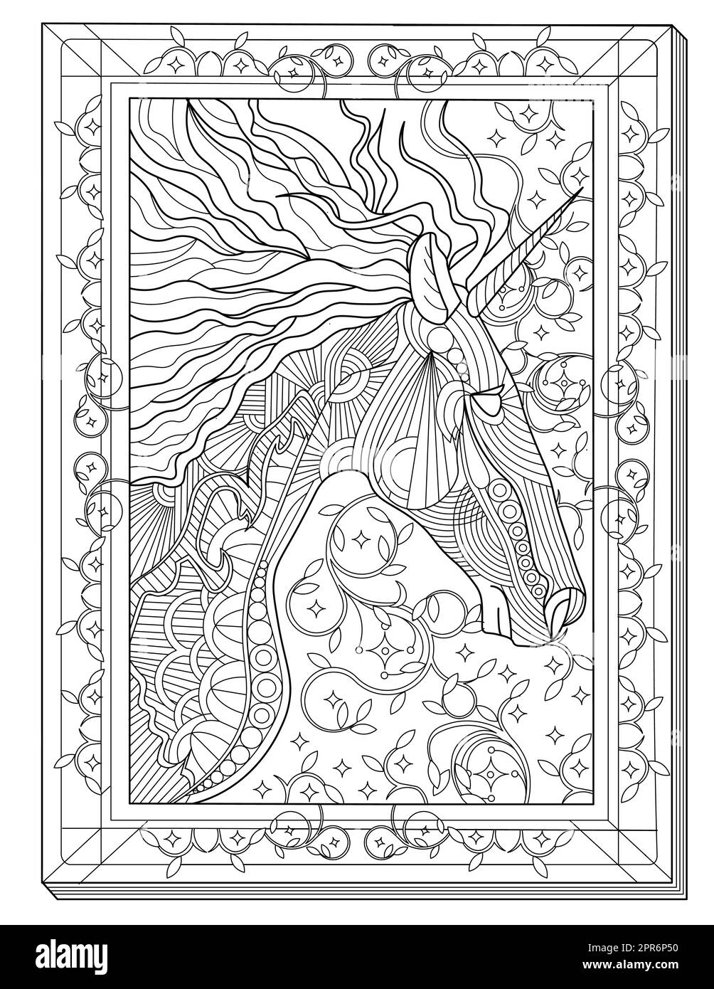 Unicorn Head Facing Sideward Inside A Rectangular Frame Line Drawing. Stock Photo