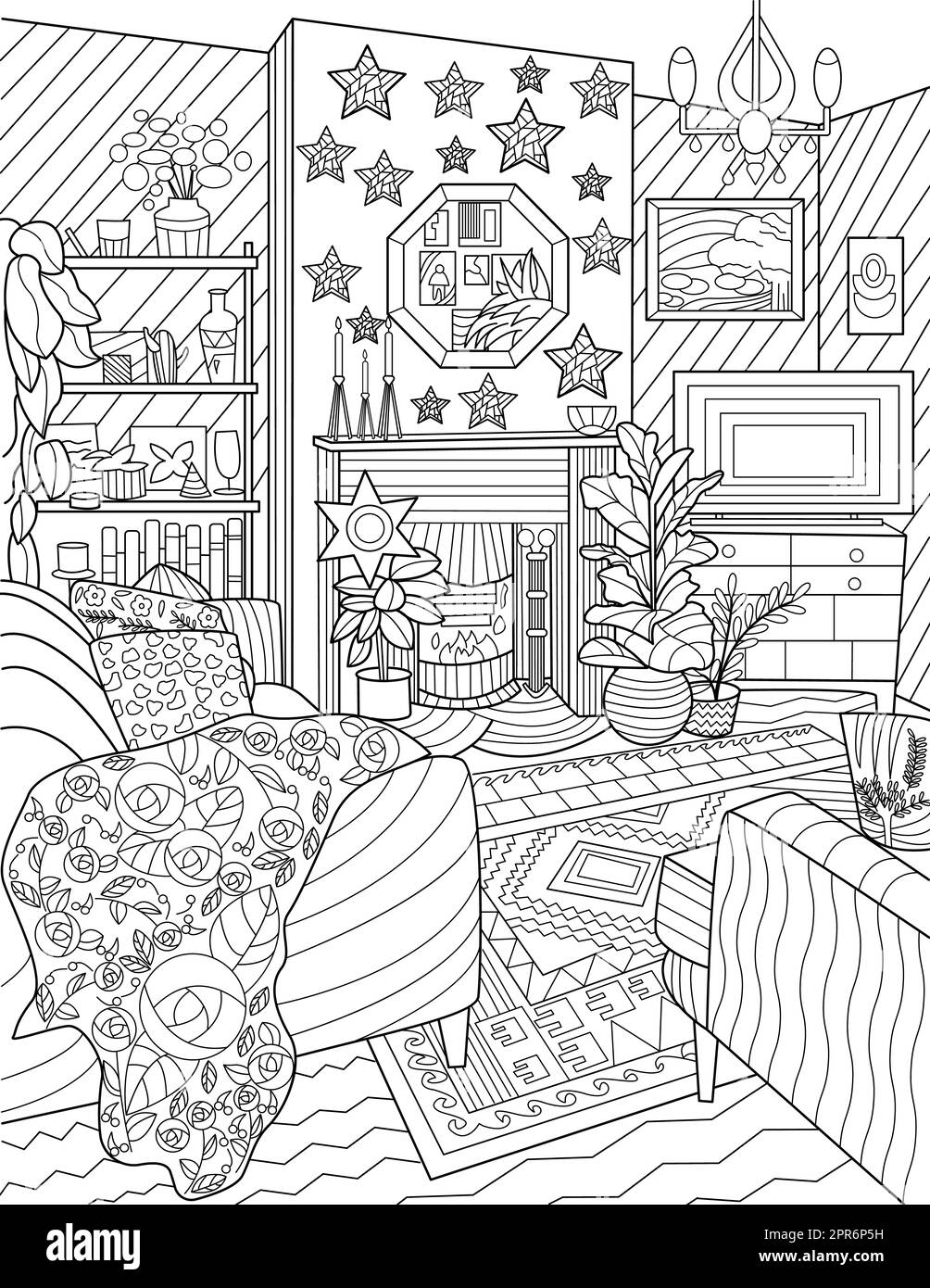 Living Area Doodle Set Couch Tv Drawer Fireplace Colorless Line Drawing. Stock Photo