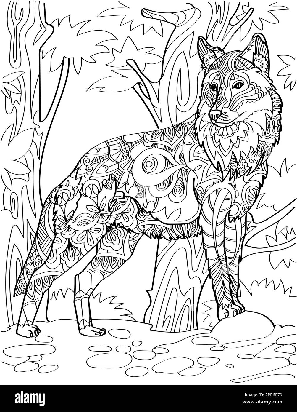 Wolf Standing Looking Sideward In Forest Background Line Drawing. Stock Photo