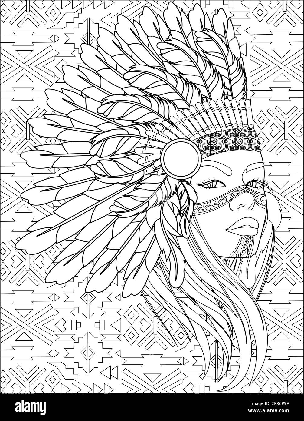 Native Woman With Feathered Headdress Side Looking Colorless Line Drawing. Stock Photo