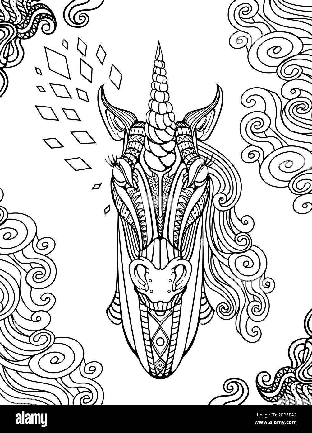 Unicorn Head Line Drawing Art Facing Front Surrounded With Wavy Lines. Stock Photo