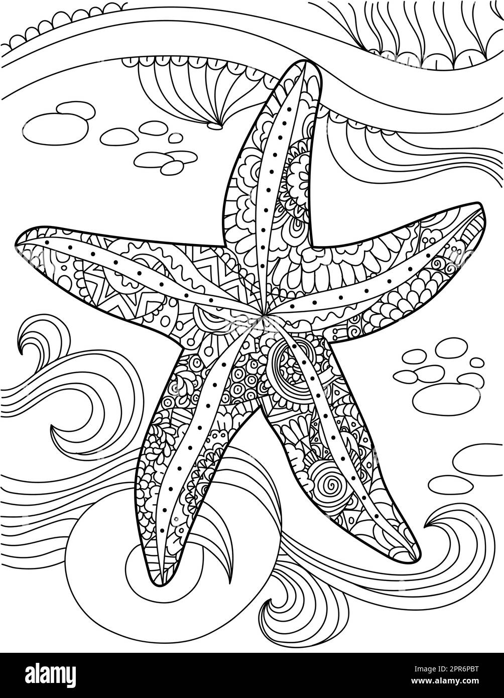 Large Starfish Top View Under Water With Ocean Waves Line Drawing. Stock Photo