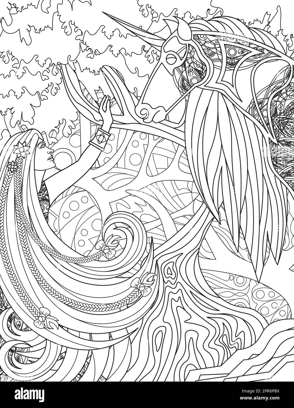 Lady Raising Hand With Unicorn Facing Each Other Forest Background ...