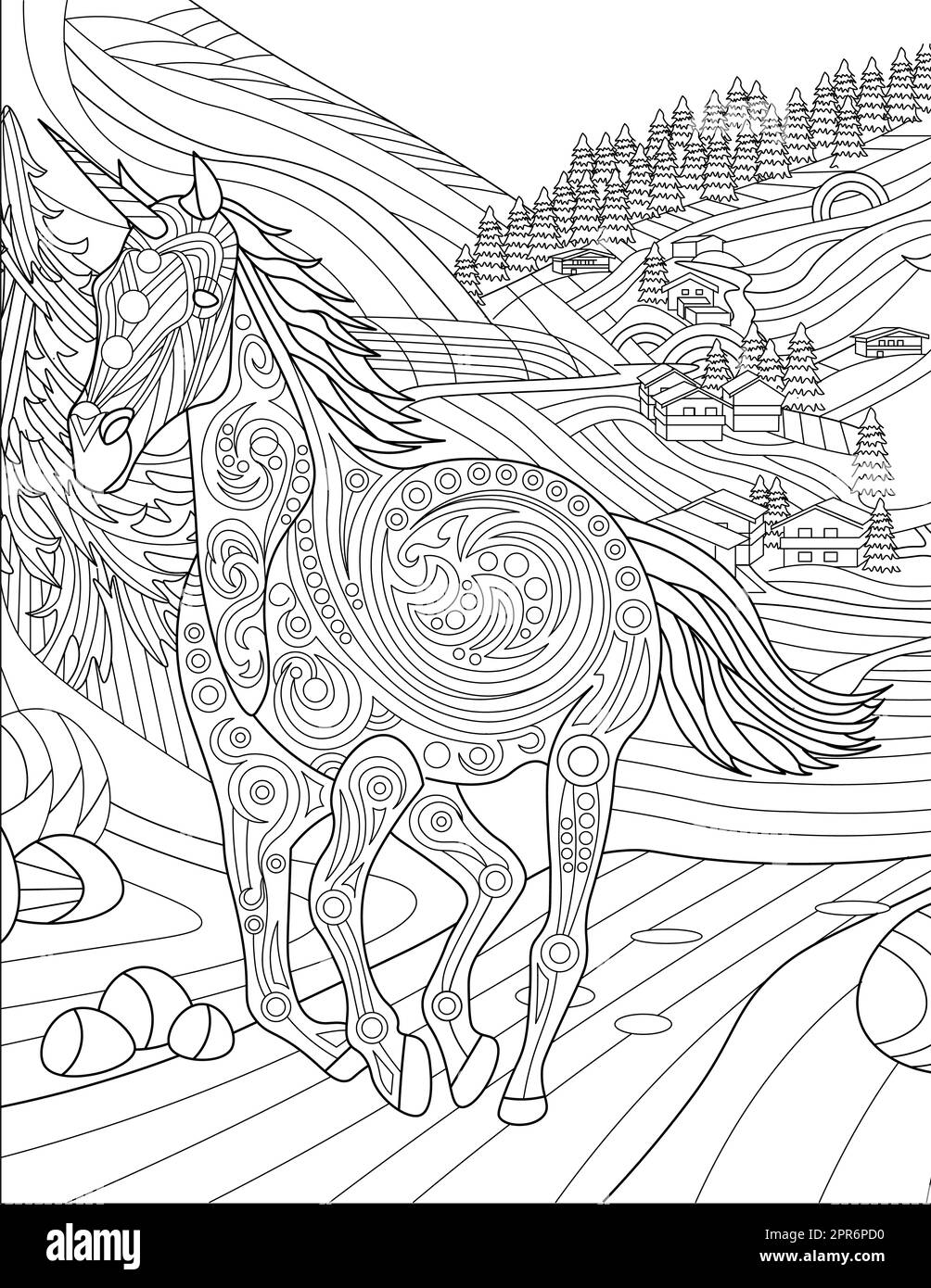 Unicorn Running Away From Village With Large Trees Line Drawing. Stock Photo