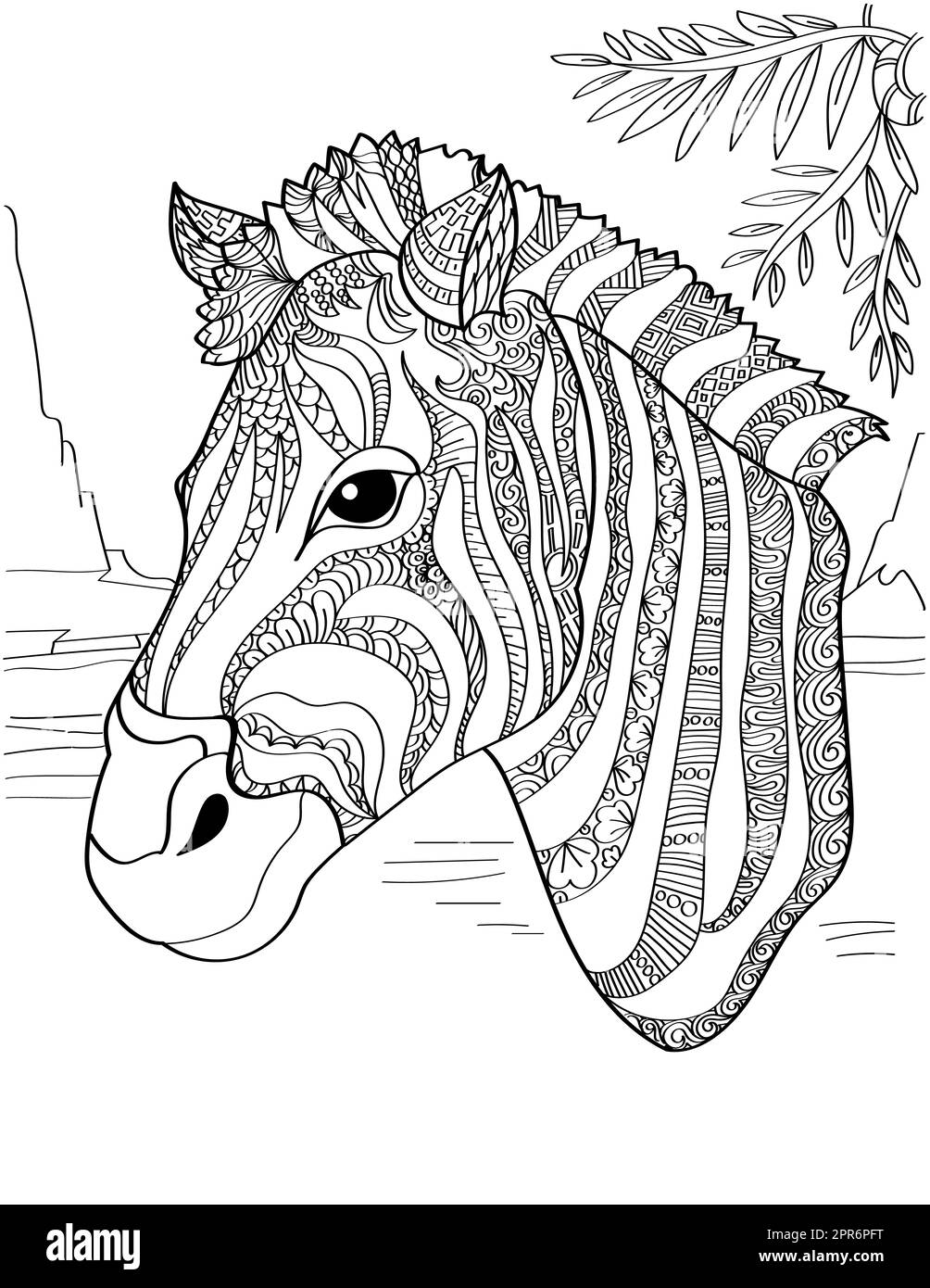Zebra Head Facing Sideward With Leaves Above Colorless Line Drawing. Stock Photo
