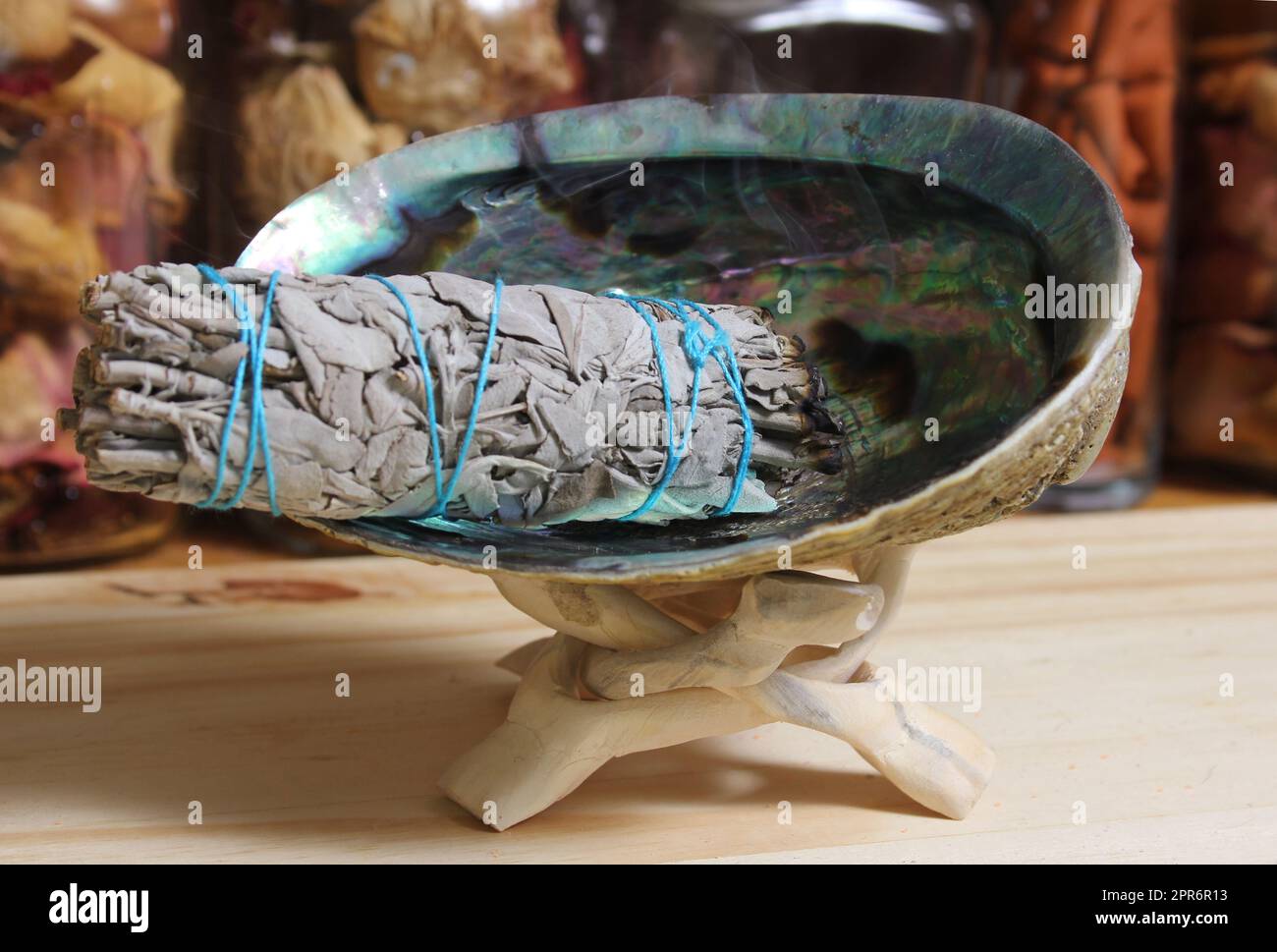 Abalone Shell With Sage Incense For Cleansing and Purification Stock Photo
