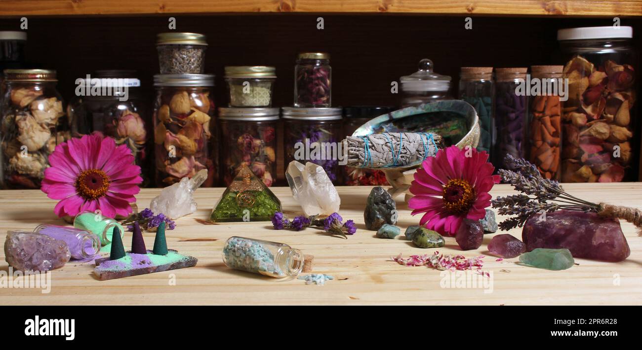 Meditation Altar With Incense Cones and Flowers on Rustic Table With