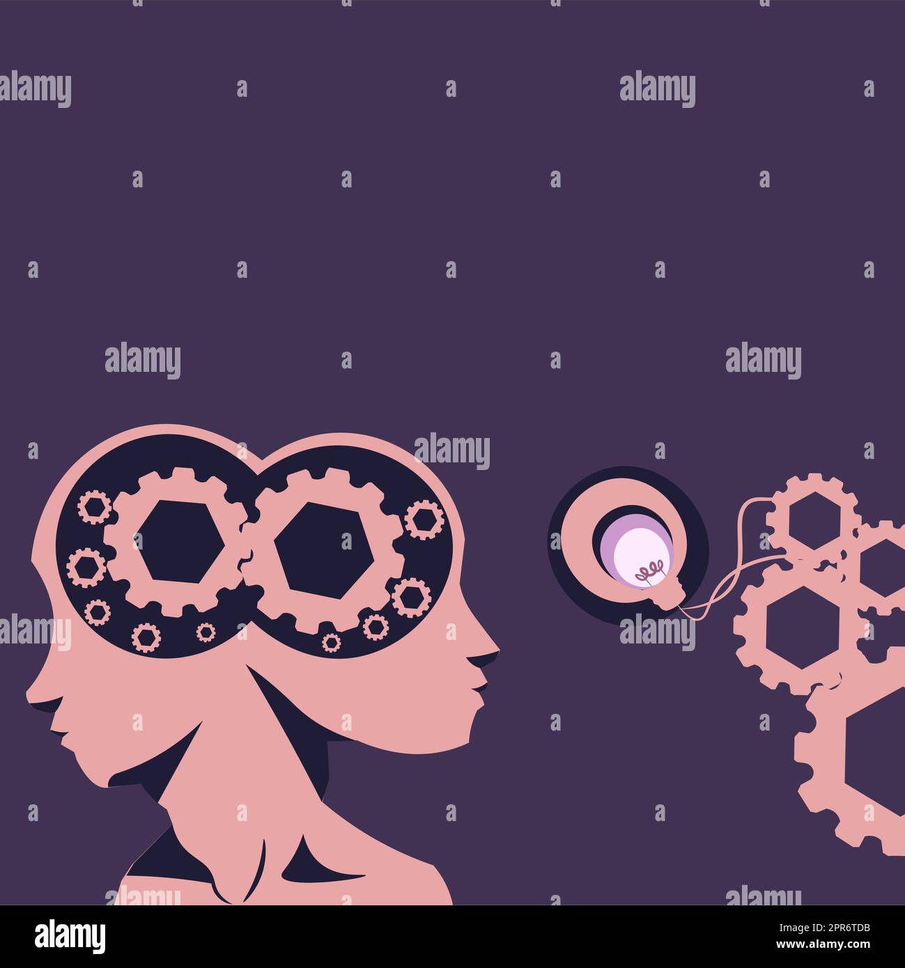 Two Heads With Cogs Showing Technology Ideas. Gears In Brain Symbols Design Displaying Mechanical And Technical Idea. Stock Vector