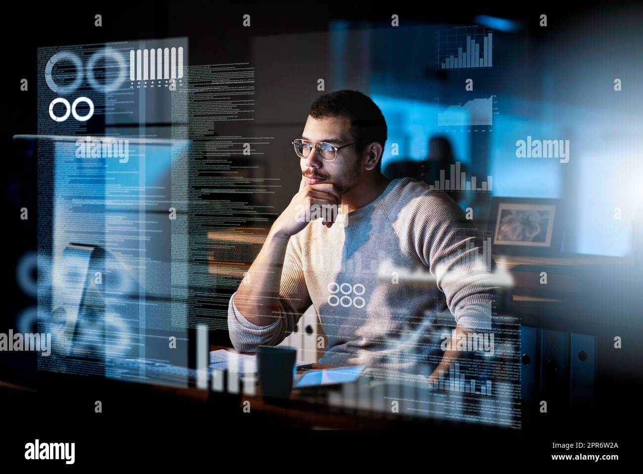 There are no bugs in this code. Cropped shot of a male computer programmer working on new code. Stock Photo