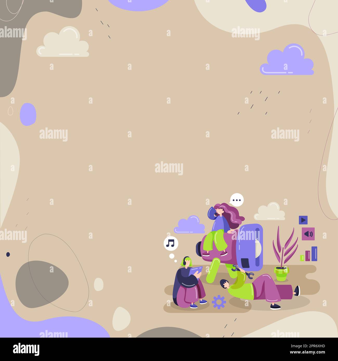 Illustration Group Relaxing Listening Music Fixing Megaphone. Three