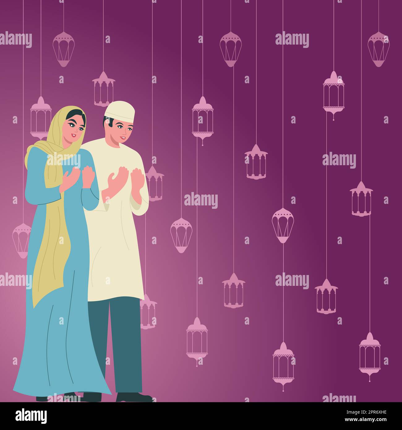 Man And Woman In Traditional Clothes Praying With Hands For Ramadan Mubarak. Family In Conventional Clothing Celebrating Holiday. Spouses Honoring God. Stock Photo