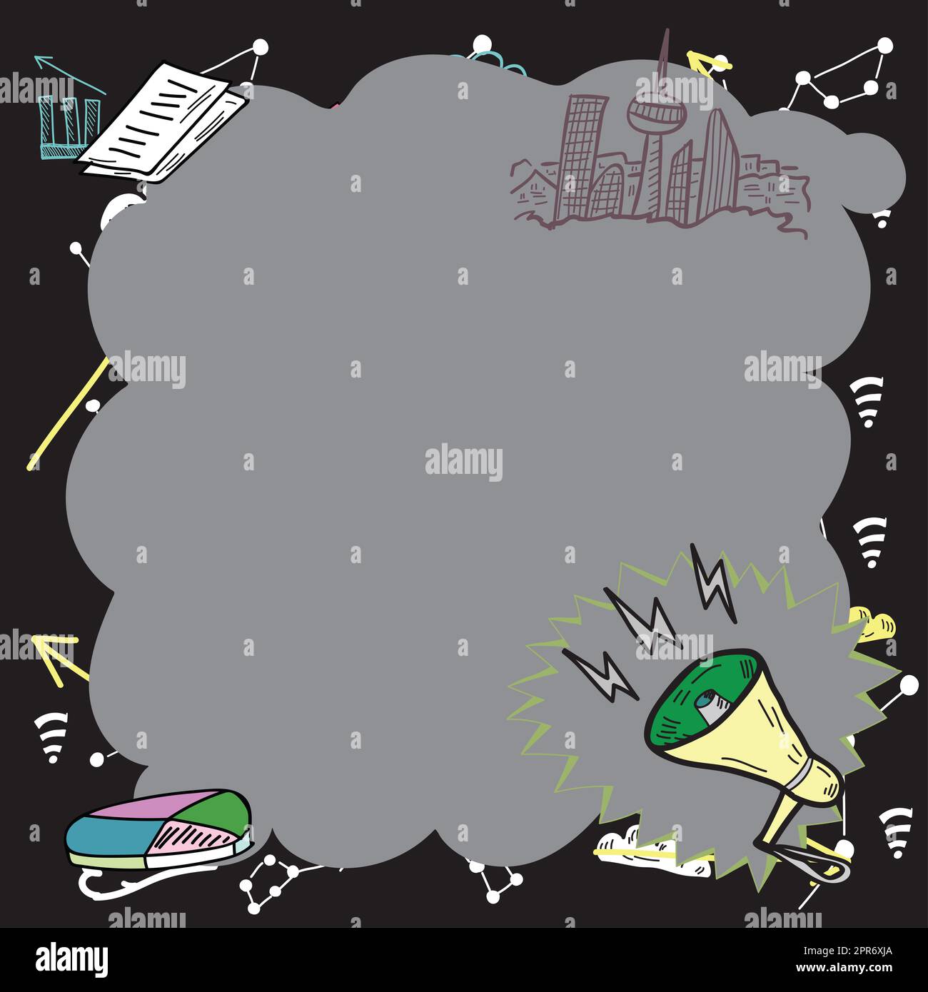 Important Messages Presented In Frame With Megaphone, Chart And Skyline