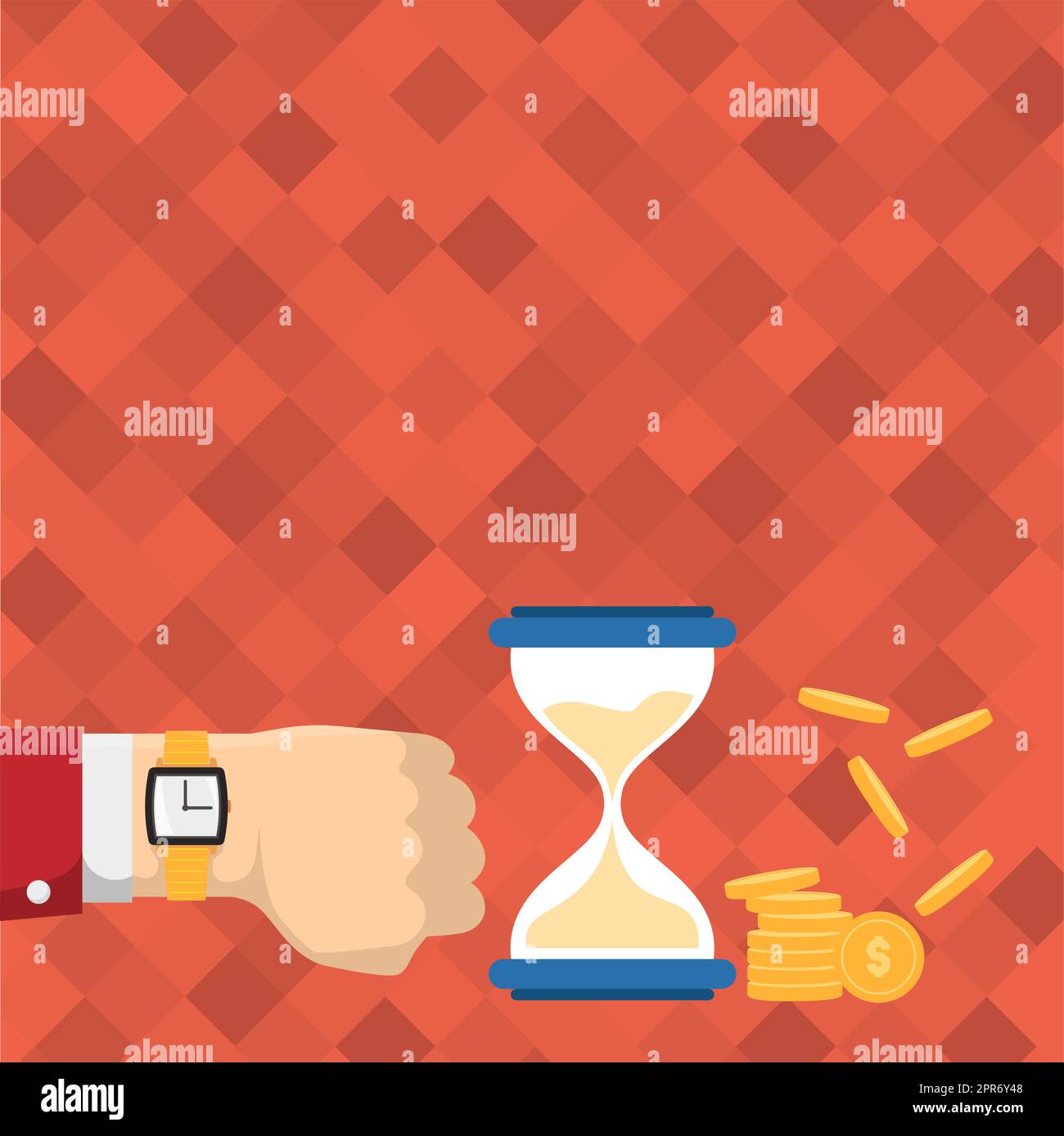 Businessman Using Wristwatch Around Hand Showing Hourglass Indicating Valuable Measures. Various Era Measuring Equipment Beside Coins Describing Time Equals Money Stock Vector