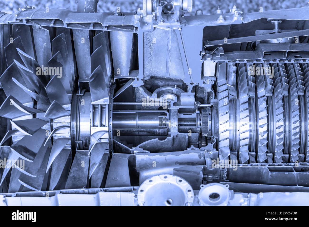 Front view of jet engine cross section cutaway detail. Stock Photo