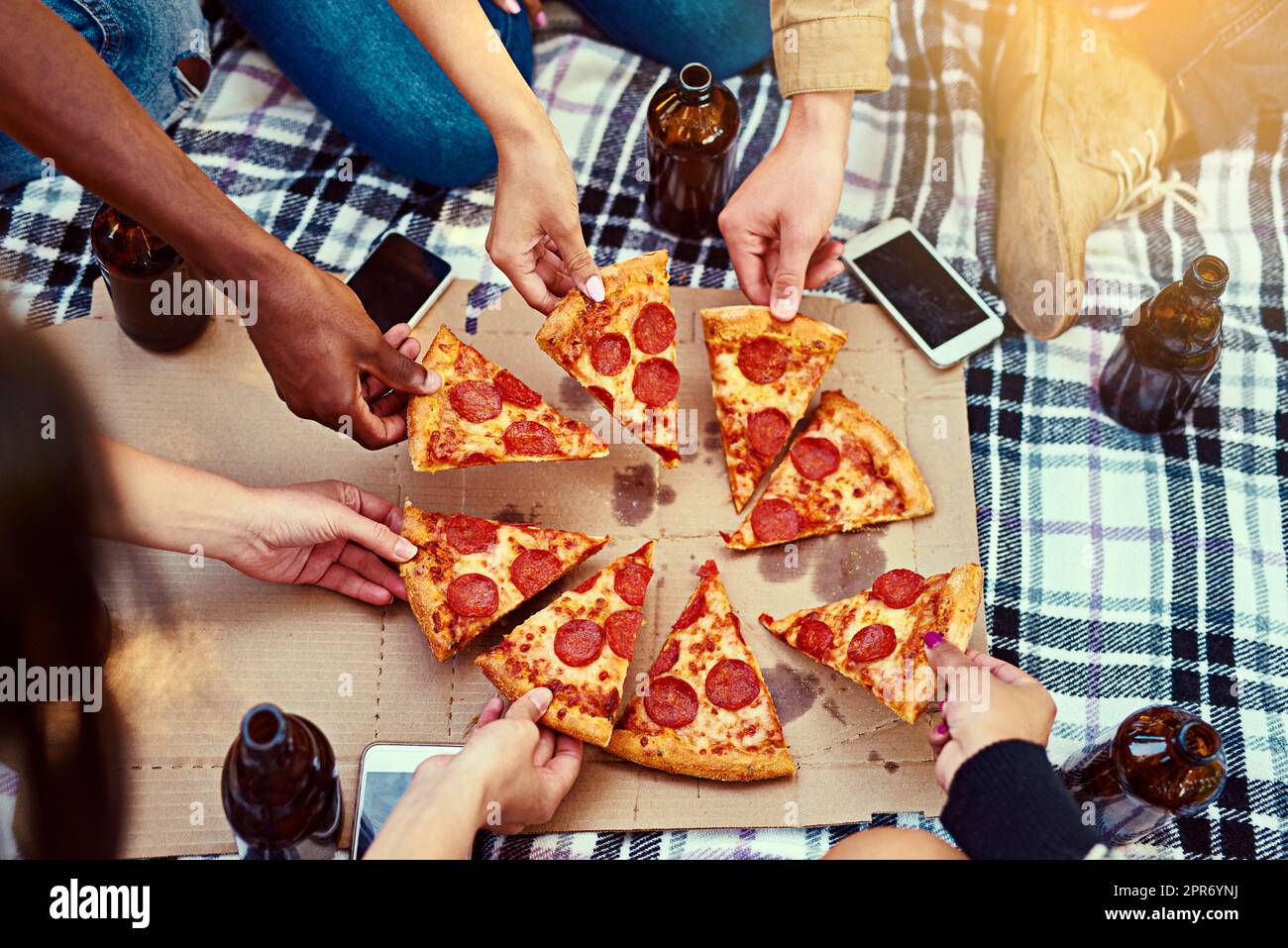 Pizza makes for the best picnics. Cropped shot of a group of friends