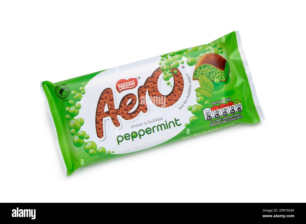 Aero chocolate bar Peppermint flavour made by Nestle in retail packaging isolated cut out on white background with clipping path Stock Photo