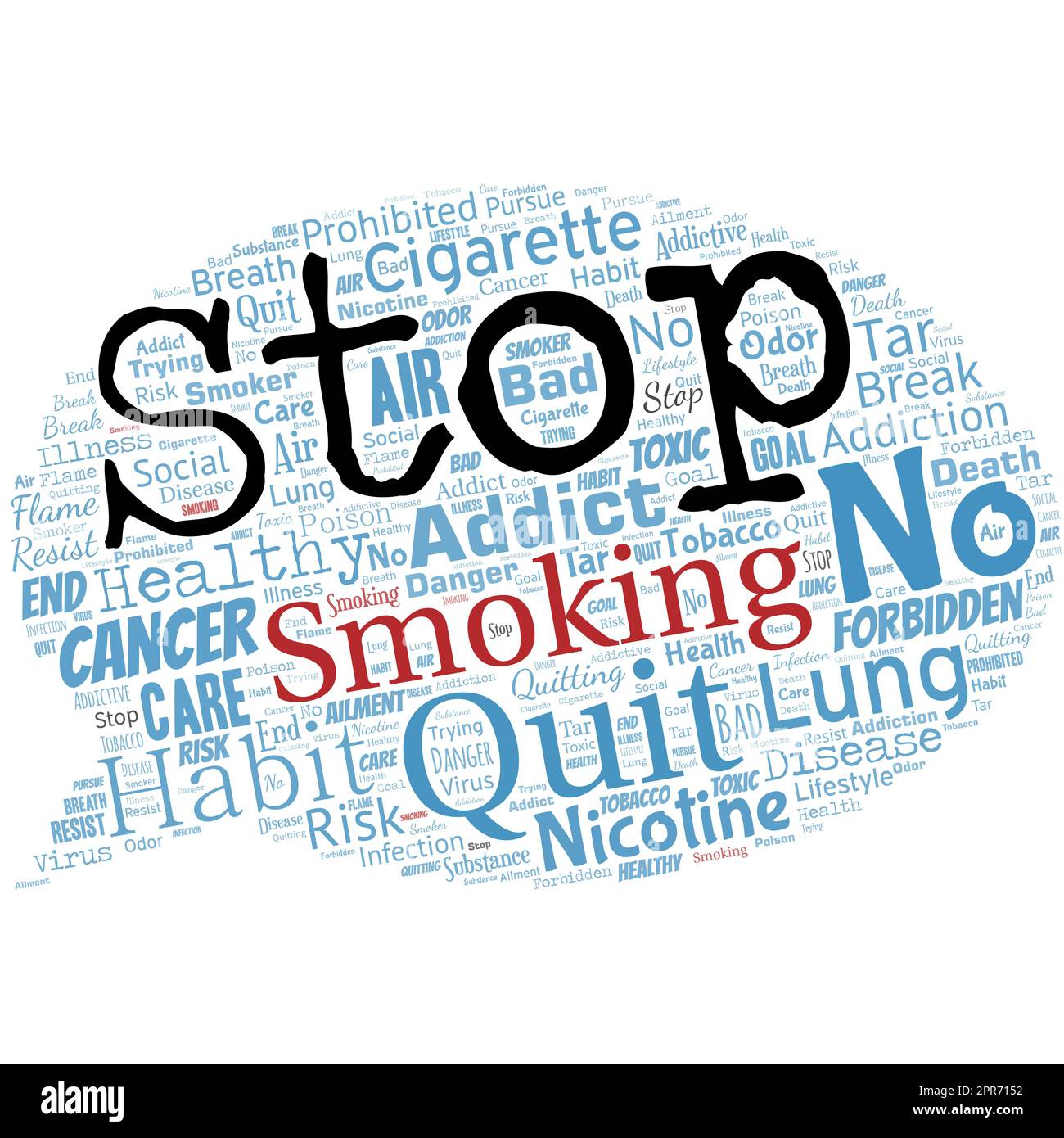 Big word cloud in the shape of speech bubble with words Stop Smoking