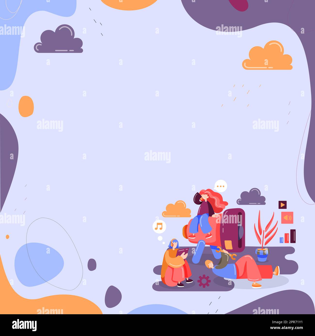 Illustration Group Relaxing Listening Music Fixing Megaphone Stock