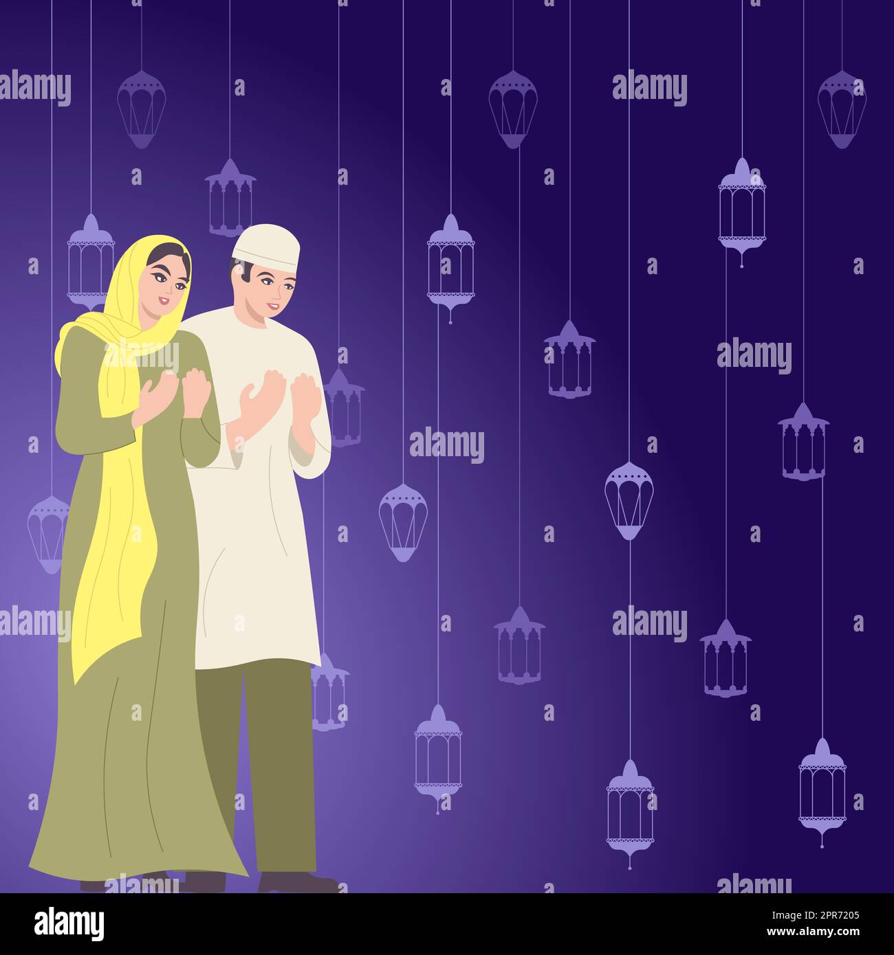 Man And Woman In Traditional Clothes Praying With Hands For Ramadan Mubarak. Family In Conventional Clothing Celebrating Holiday. Spouses Honoring God. Stock Photo