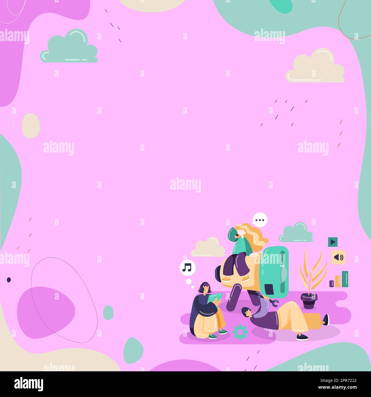 Illustration Group Relaxing Listening Music Fixing Megaphone Stock