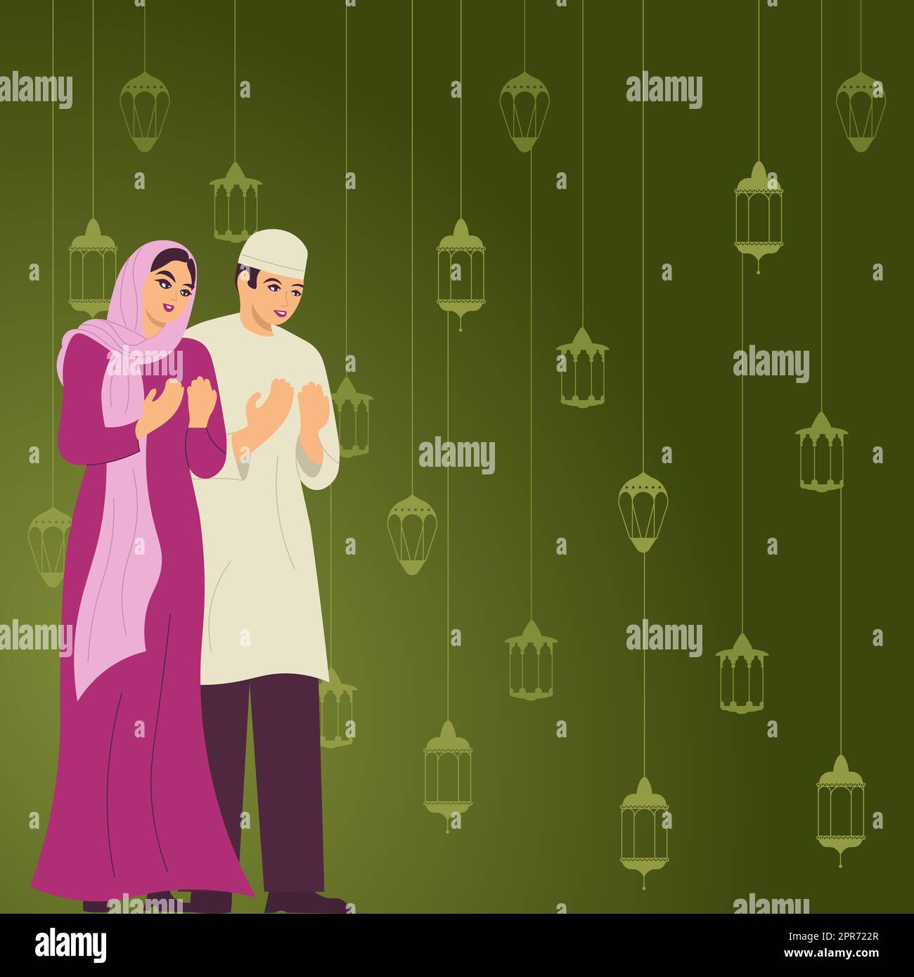 Man And Woman In Traditional Clothes Praying With Hands For Ramadan Mubarak. Family In Conventional Clothing Celebrating Holiday. Spouses Honoring God. Stock Photo