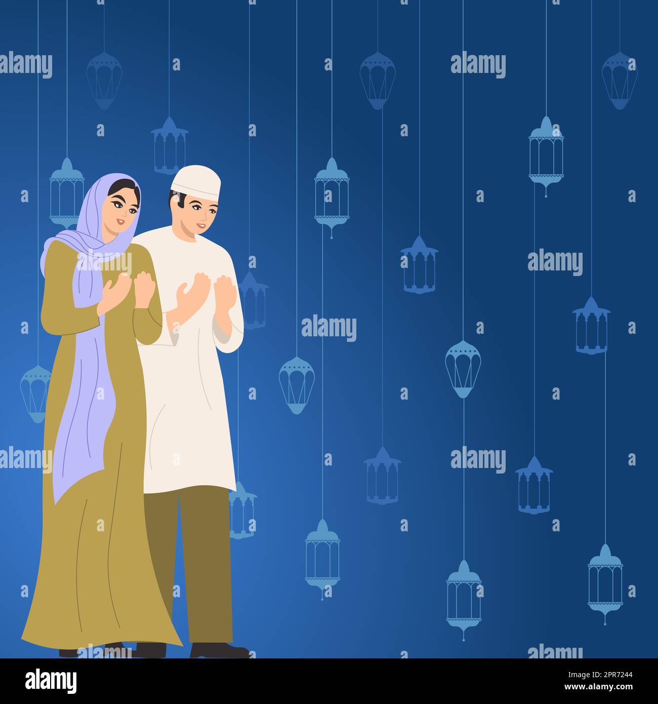 Man And Woman In Traditional Clothes Praying With Hands For Ramadan Mubarak. Family In Conventional Clothing Celebrating Holiday. Spouses Honoring God. Stock Photo