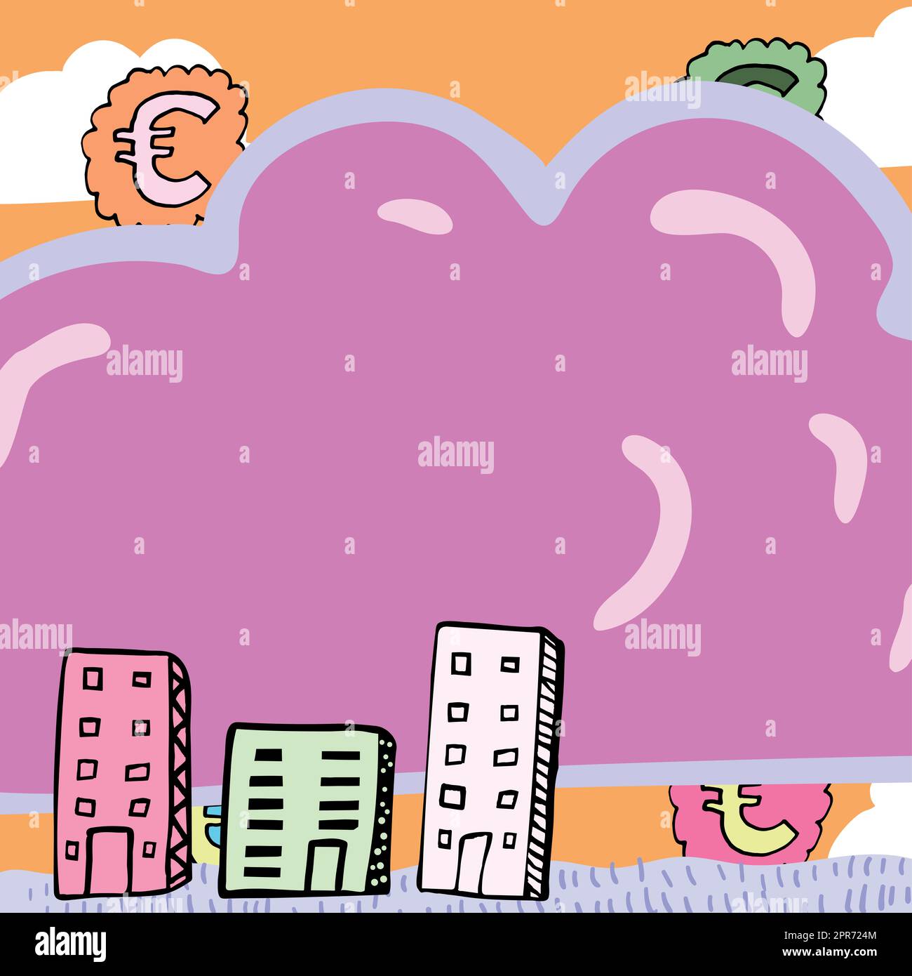 Important Message Written In Shape Of Cloud With Euro Signs In Background And Buildings. Crutial Informations In Cloudy Form With Symbols And Houses Around. Stock Photo