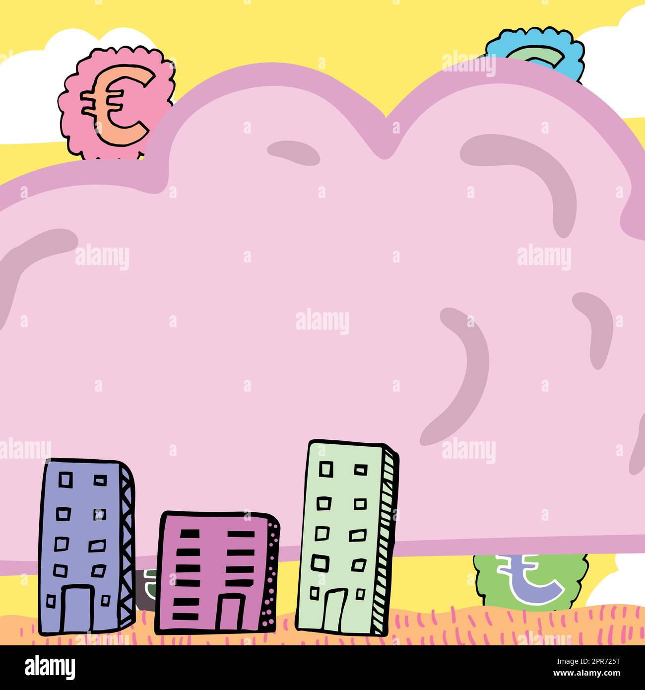 Important Message Written In Shape Of Cloud With Euro Signs In Background And Buildings. Crutial Informations In Cloudy Form With Symbols And Houses Around. Stock Photo