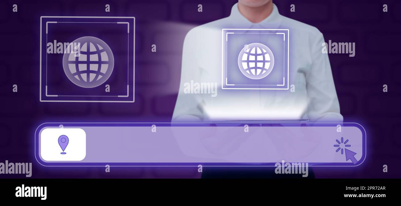 Businesswoman Presenting Digitally Generated Globe With Navigation Pin And Arrow On Loading . Woman Introducing Crucial Information And Global Positioning System. Stock Photo