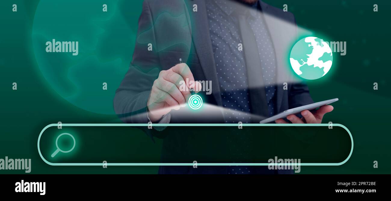 Male Professional Holding Tablet And Pen Pointing On Digital Target With Globe And Search Bar Symbol. Man Wearing Suit Introducing Strategies For Achieving Goals. Stock Photo