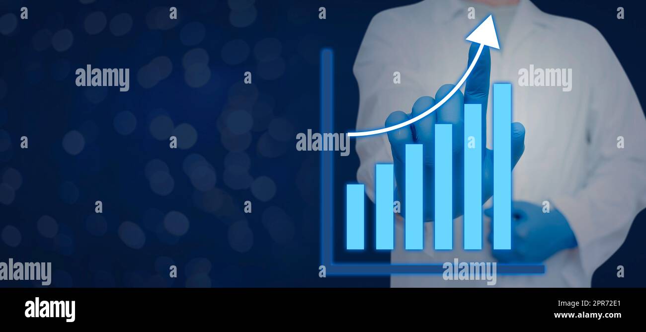 Doctor Wearing Gloves, Pointing With One Finger On Graph With Arrows Up ...