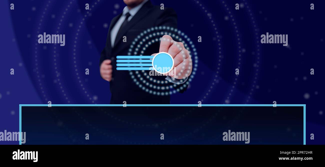 Male Executive Pointing At Digitally Generated Bar Graph Over Graphical Display Presenting Data. Businessman Wearing Suit Representing Strategies For Business Progress. Stock Photo