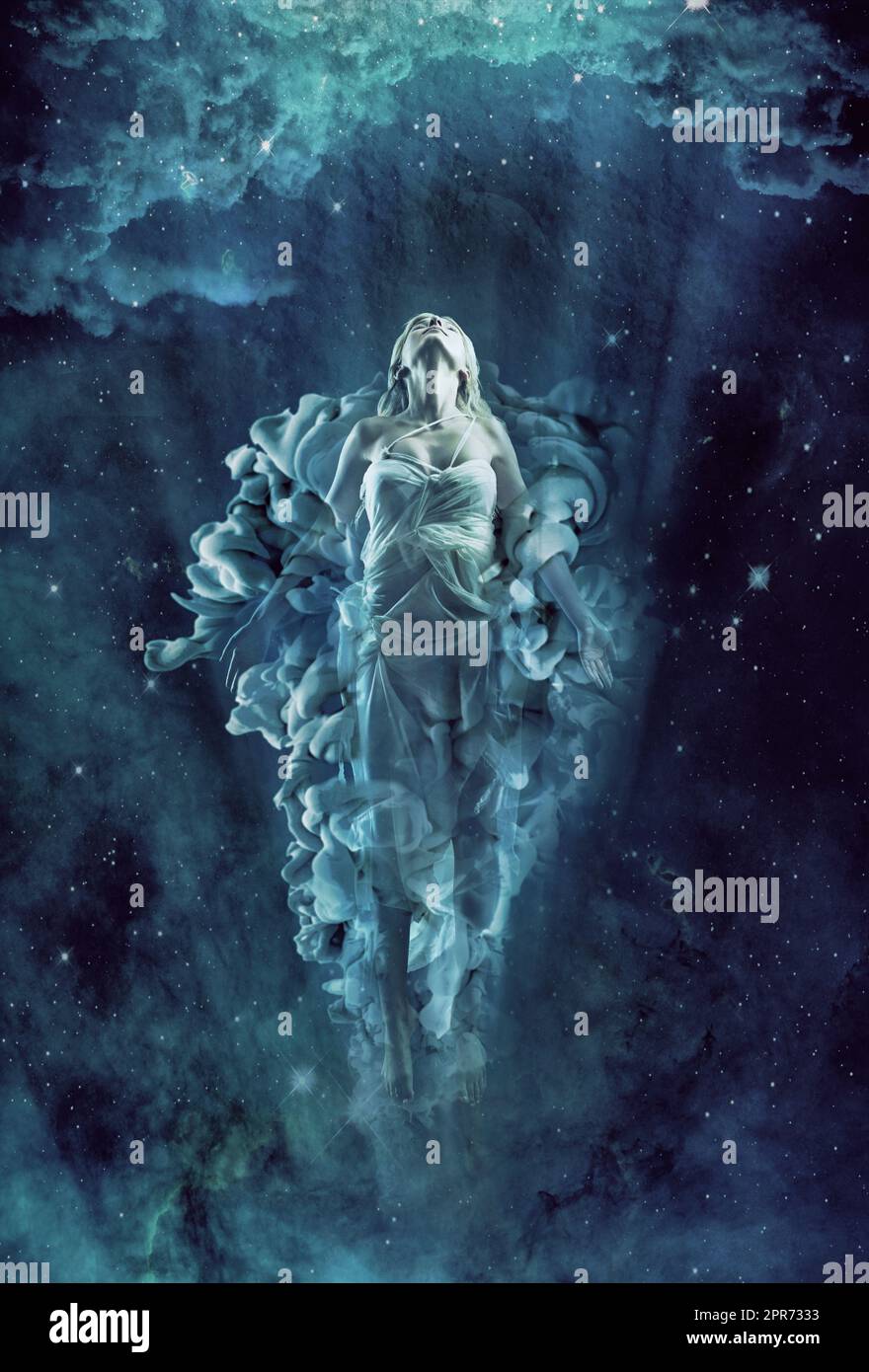 We are all made of stardust. Illustration of a ethereal woman floating