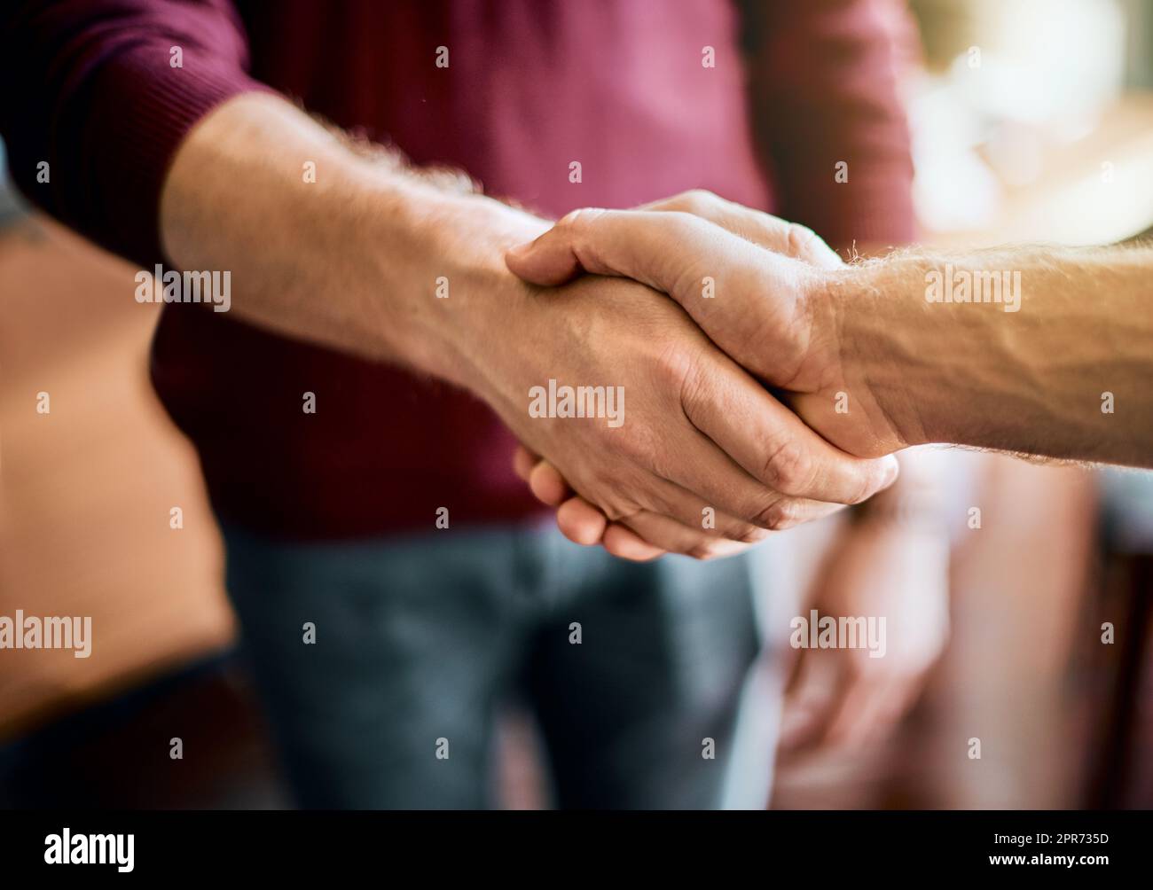 Heres to a successful project. Closeup of two unrecognizable peoples hands greeting and shaking hands inside of a office at work. Stock Photo